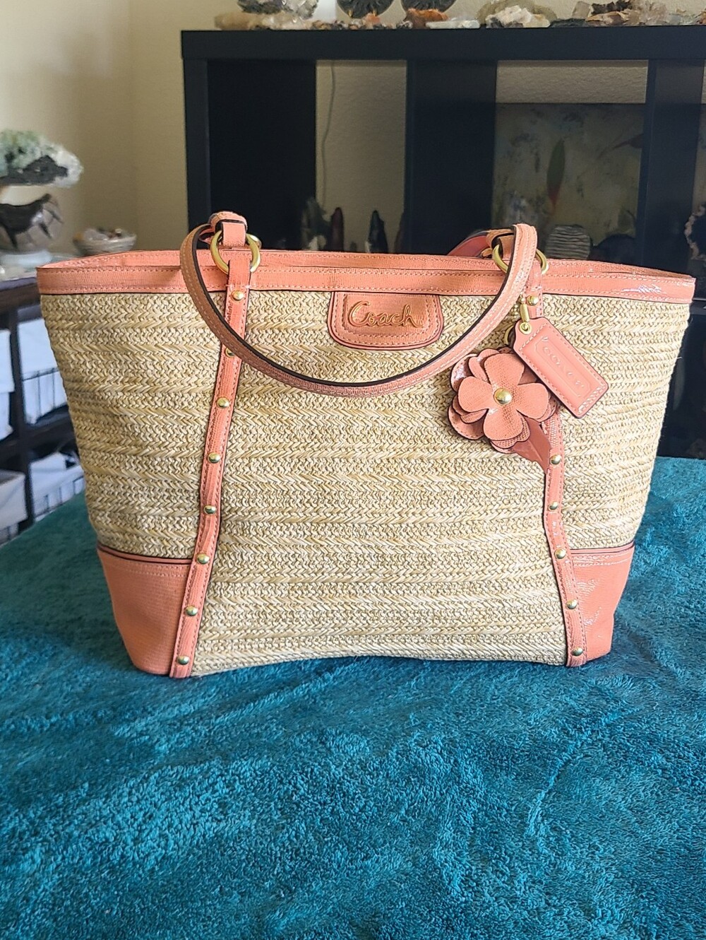 RARE Coach Alexandra Coral Patent Straw Tote (F21959)